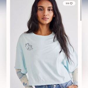 Free People Women’s M Save The Sea Graphic Tee Aqua Blue Boxy Oversized Rare New
